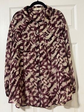 TWO by VINCE CAMITO Long Sleeve Sheer Button-Up Blouse - Purple/White